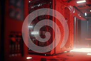 Data processing center. Server room in red light. Neural network AI generated