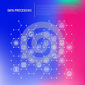 Data processing concept in honeycombs with thin line icons: data
