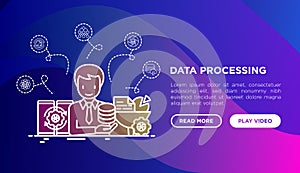 Data processing concept: SMM manager analyzes and collects data. Thin line icons: filtering, deep learning, mobile syncing, usage