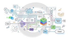 A diagram illustrating a data processing pipeline with input and output stages and various steps
