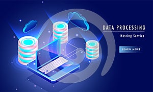 Data processing hosting service concept based landing page design with isometric view of database connected with laptop, cloud se