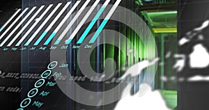 Data processing image over server racks in dimly lit data center