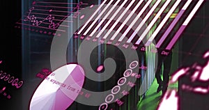 Data processing image over server racks in dimly lit data center