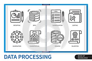 Data processing infographics linear icons collection