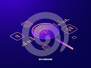 Data processing isometric icon, business analytics and statistics, magnifying glass, data visualization, infographic