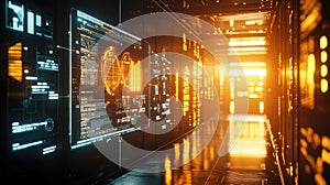 Data processing in modern server room with glowing code