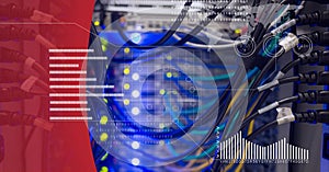 Data processing over close up view of computer server against red technology background