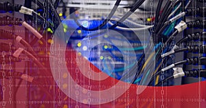 Data processing over close up view of computer server against red technology background