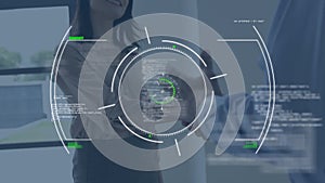 Data processing and scope scanning over businessman and businesswoman shaking hands at office