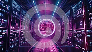 Data processing sphere floating in server room