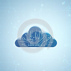 Data processing technology, data storage and computing concept with digital blue cloud symbol with circuit scheme on light