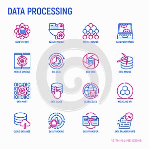 Data processing thin line icons set