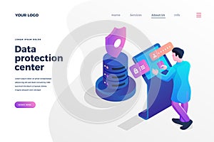 Data protection center isometric landing page template guarding information in database