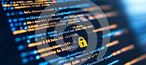 Data Protection Close-up of Programming Code with a Security Lock Icon, Representing Cybersecurity