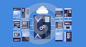 Data protection cloud servers center with hosting infographic, network and database, internet center, communication