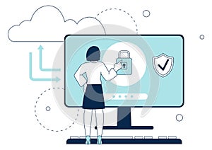 Data protection cloud service. Computer screen with lock