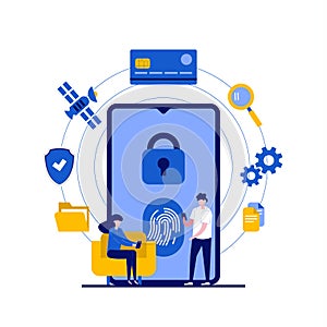 Data protection concept with character. Fingerprint security, biometrics for secure authentication and transactions. Modern flat