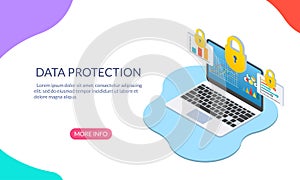 Data protection concept with laptop computer and padlock. Security and Internet privacy isometric design template. Vector illustra