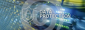 Data protection, Cyber security, information privacy. Internet and technology concept. Server room background.