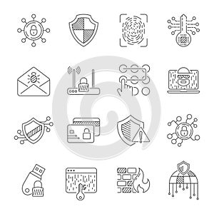 Data protection and cyber security thin line icons set. Computer network protection. Related vector line icons.