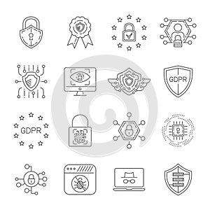 Data protection and cyber security thin line icons set. Cyber security, data and network protection. Protection technology, web