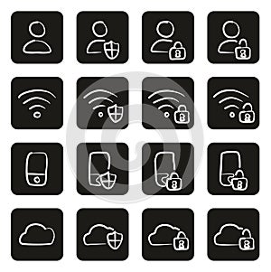 Data Protection & Data Security Icons Freehand White On Black