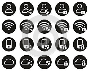 Data Protection & Data Security Icons White On Black Flat Design Circle Set Big