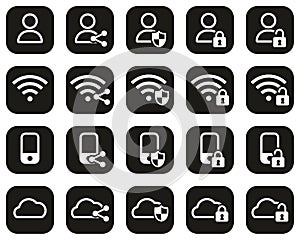 Data Protection & Data Security Icons White On Black Flat Design Set Big