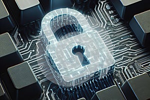 data protection and digital security concept, cybersecurity, button with padlock on blue touchscreen