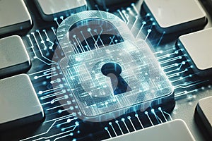 data protection and digital security concept, cybersecurity, button with padlock on blue touchscreen