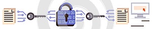 Data Security Concept with Lock, Keys, and Encrypted File Transfer Process in Digital Communication