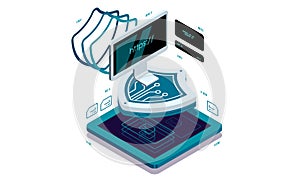 Data protection on the home PC. Data visualization concept. 3d isometric vector illustration