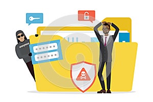 Data protection, ineffective antivirus or firewall. Sensitive data, unhappy businessman with yellow folder. Hacker steals