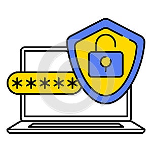 Data protection, internet security concept. Network secure. Shield lock, laptop computer screen. Padlock login password