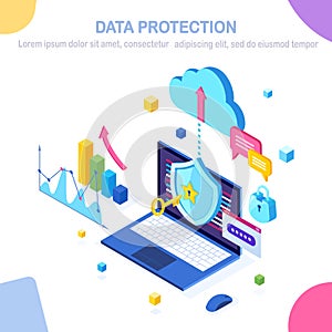 Data protection. Internet security, privacy access with password. 3d isometric computer pc with key, lock, shield, graph, chart.