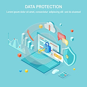 Data protection. Internet security, privacy access with password. 3d isometric computer pc with key, lock, shield, laptop, graph,