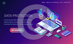 Data protection. Internet security, privacy access with password. 3d isometric computer pc with key, lock. Vector design for