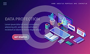 Data protection. Internet security, privacy access with password. 3d isometric computer pc with key, lock. Vector design for
