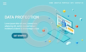 Data protection. Internet security, privacy access with password. 3d isometric computer pc with key, lock. Vector design for