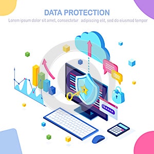 Data protection. Internet security, privacy access with password. 3d isometric computer pc with key, lock. Vector design for