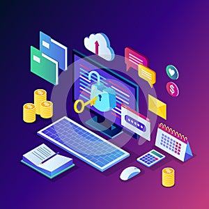 Data protection. Internet security, privacy access with password. 3d isometric computer pc with key, open lock, folder, cloud,