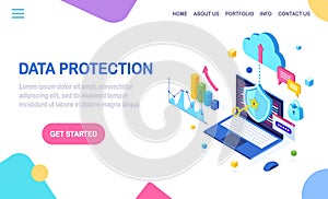 Data protection. Internet security, privacy access with password. 3d isometric computer pc with key, lock, shield, graph, chart.