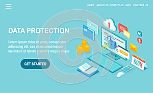 Data protection. Internet security, privacy access with password. 3d isometric computer pc with key, open lock, folder, cloud,