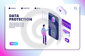 Data protection isometric concept. Personal identity, protected document finance security. Confidential business vector