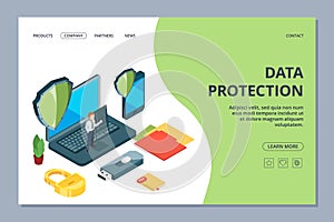 Data protection landing page. Isometric mobile office, security center web page