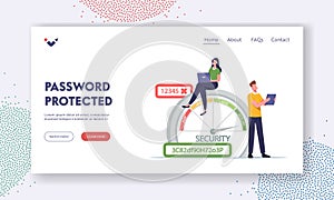 Data Protection Landing Page Template. Woman with Laptop, Man with Tablet near Huge Scale of Password Security Range