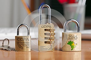 Data protection laws concept: three locks shows the names of three data protection laws: california consumer privacy act, general photo