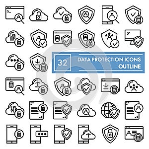 Data protection line icon set, computer safety symbols collection, vector sketches, logo illustrations, server protect