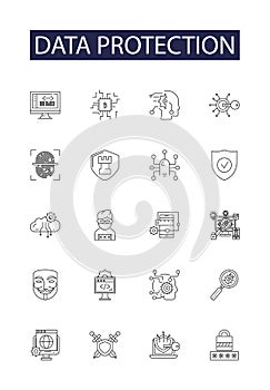 Data protection line vector icons and signs. Security, Encryption, Safeguarding, Compliance, Shielding, Backing-up