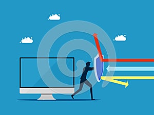 Data protection. man holding shield to protect computer